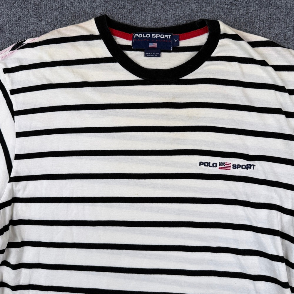 Vintage Polo Sport Ralph Lauren T Shirt Mens M White Black Striped USA Flag 90s